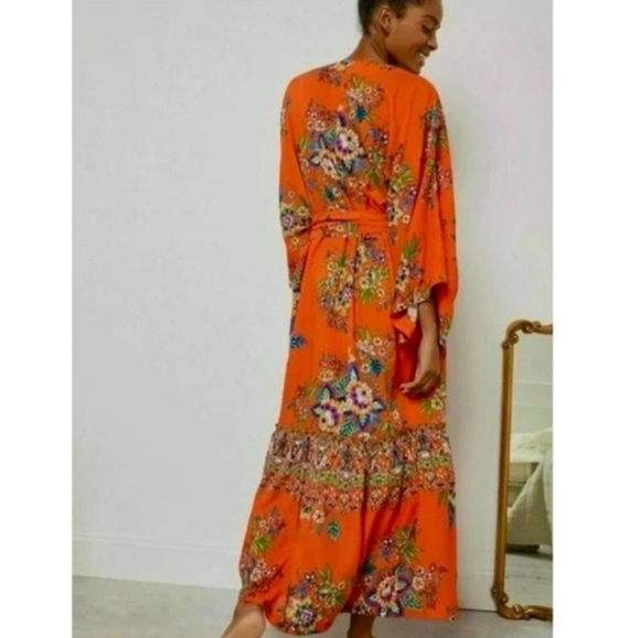Anthropologie Emmanuel Maxi Dress Kimono Robe Boho Floral Bohemian Orange 1X - Picture 4 of 14